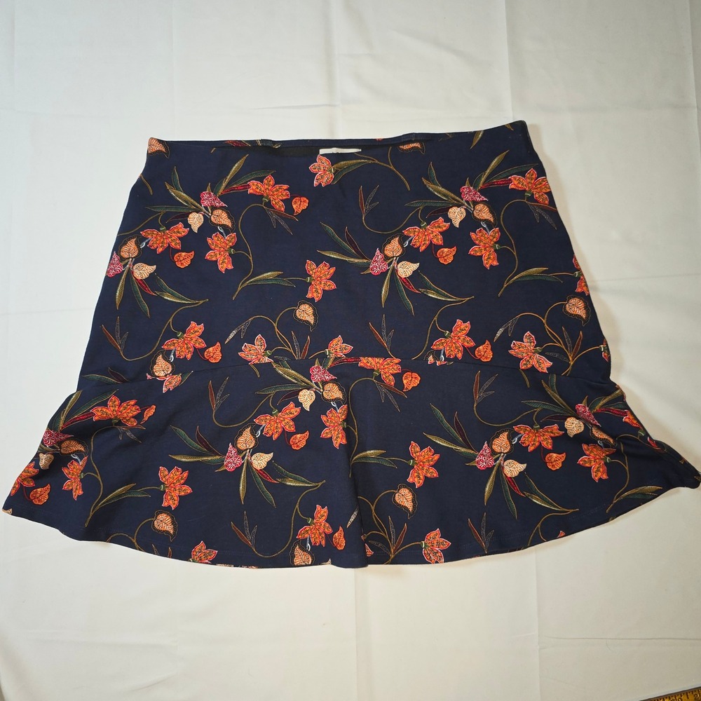 LOFT Navy Blue Tropical Floral Flounce Hem Mini Skirt Size L Elastic‎ Waist